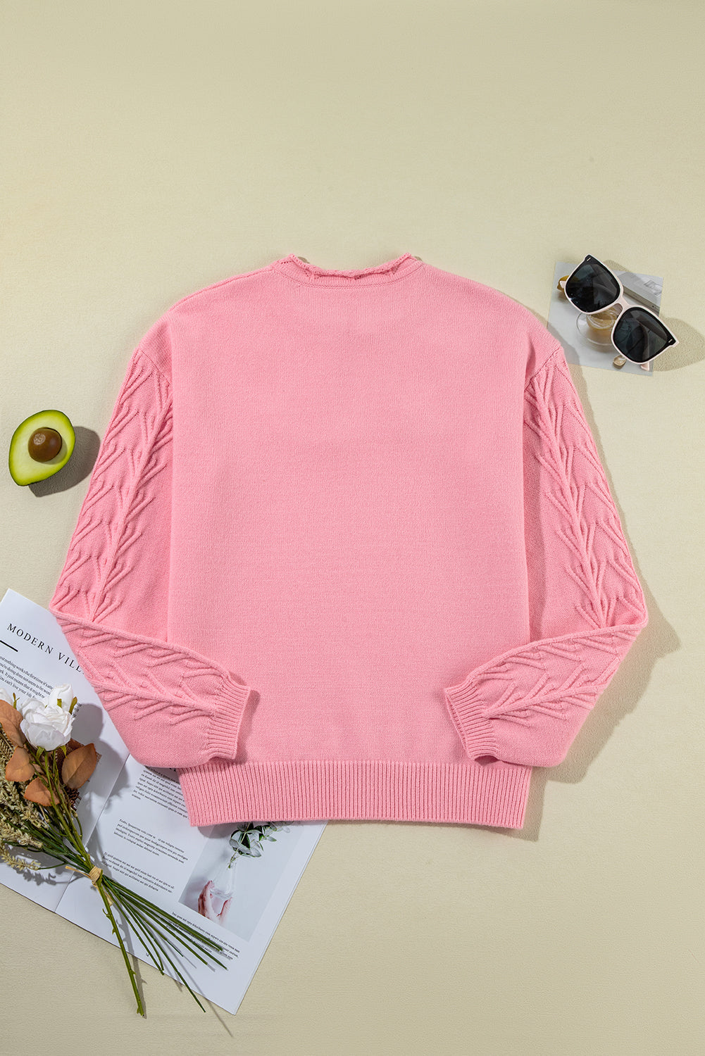 Flower Detail Knitted Notched Neck Sweater | Peach Blossom