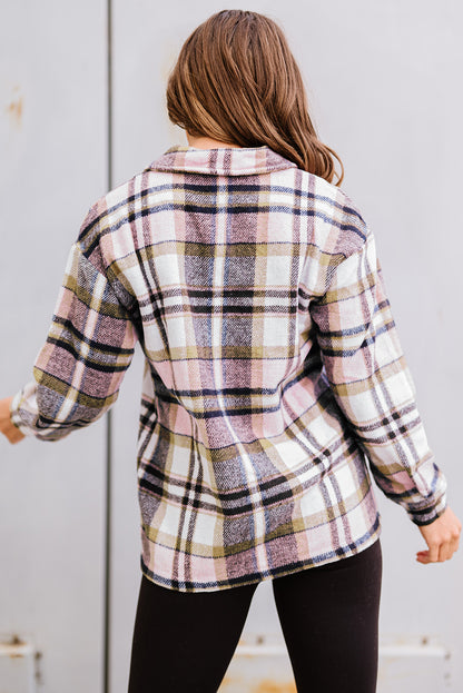 Geometric Plaid Print Pocketed Shacket | Pink