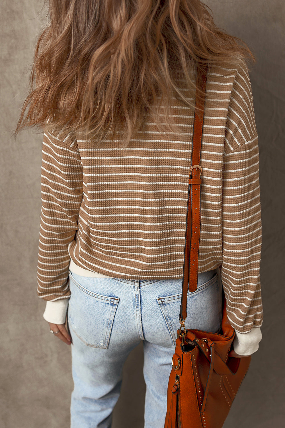 Patched Edge Textured Round Neck Long Sleeve Top | Khaki Stripe