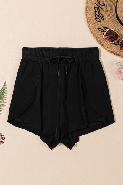 High Waisted Drawstring 2-In-1 Side Pocket Colour Block Bikini Shorts | Black