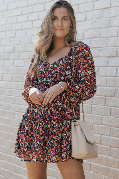 Wrapped V Neckline Long Sleeve Floral Dress | Black