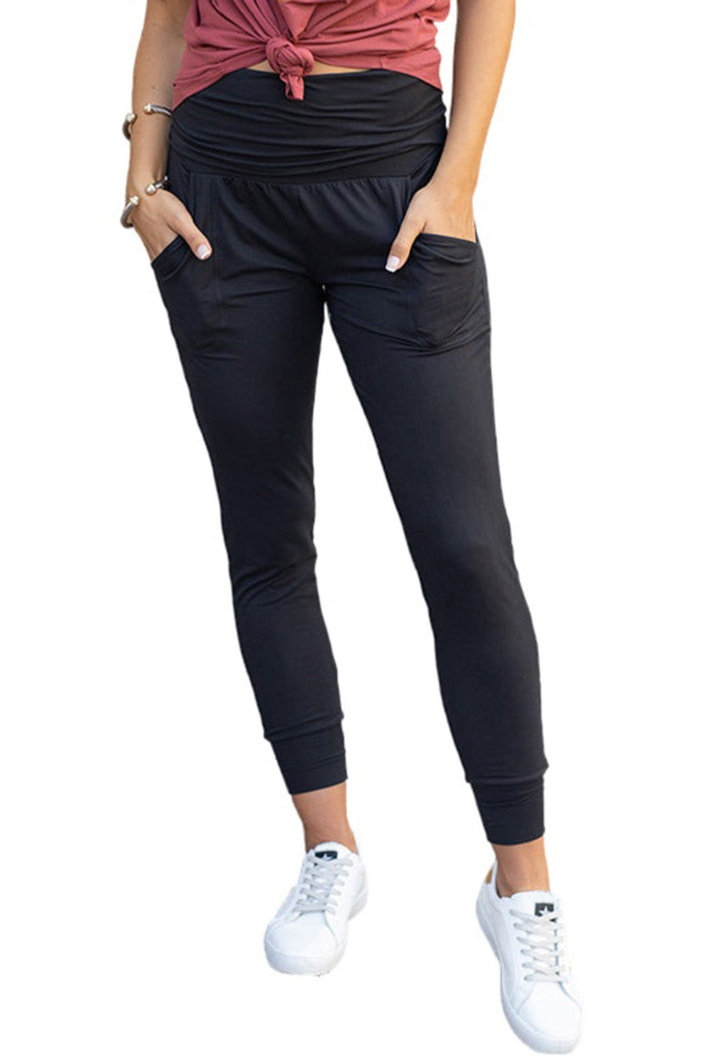 High Waist Pleated Pocket Leggings | Black