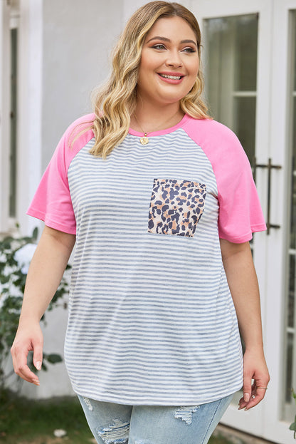 Leopard Patch Pocket Plus Size Raglan Sleeve Tee | Stripe