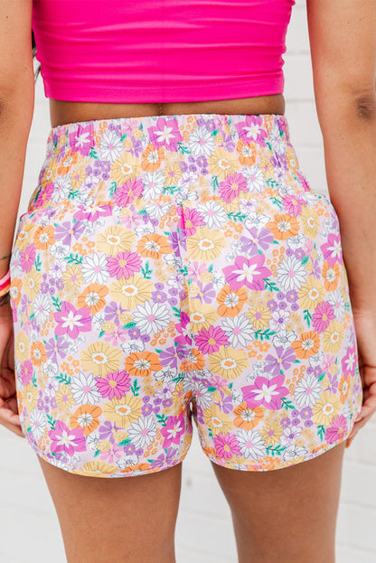 Boho Floral Shirred High Waist Casual Shorts | Pink