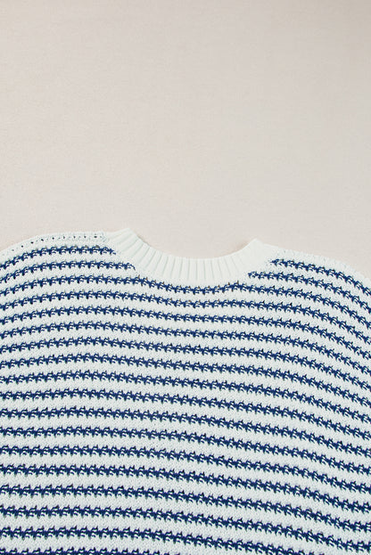 Ribbed Trim Loose Fit Knitted Sweater Vest | Blue Stripe