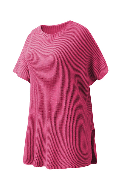 Short Sleeve Side Slit Oversized Sweater | Rose Red