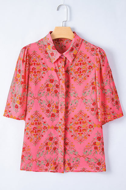 Floral Print Wide Short Sleeve Loose Shirt | Rose Red