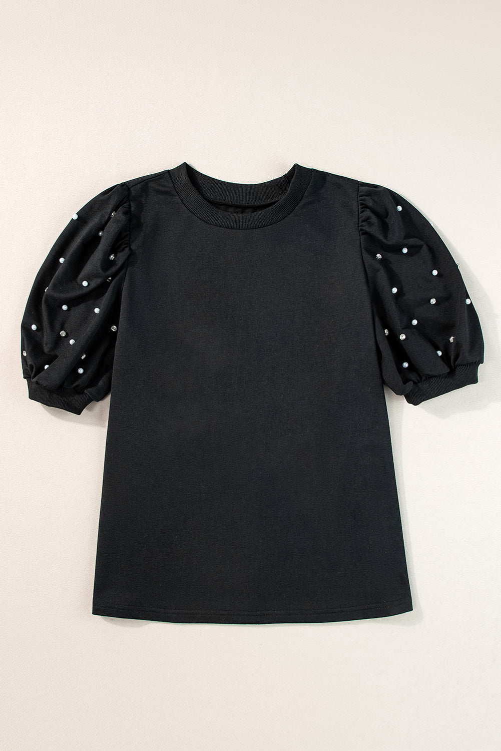 Rhinestone Pearl Puff Half Sleeve Top | Black