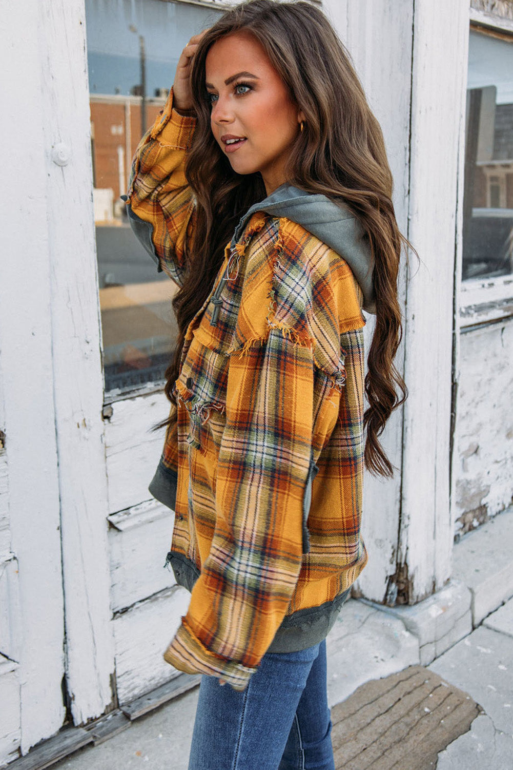 Plaid Patch Hooded Frayed Snap Button Jacket | Orange