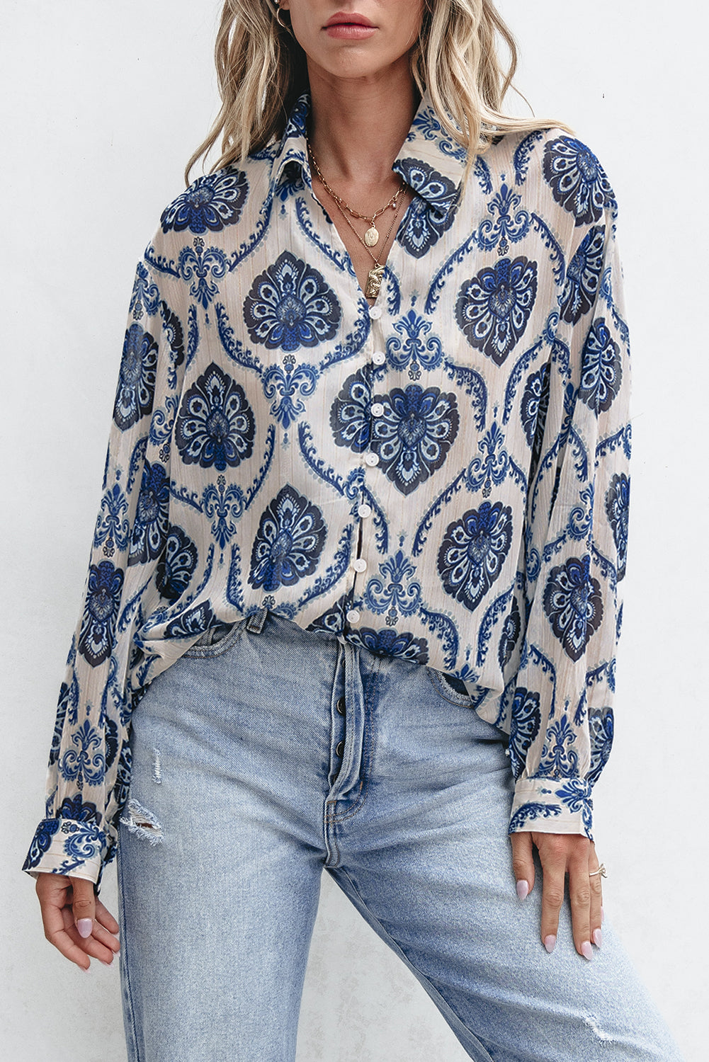 Tribal Pattern Buttoned Front Loose Shirt | Blue