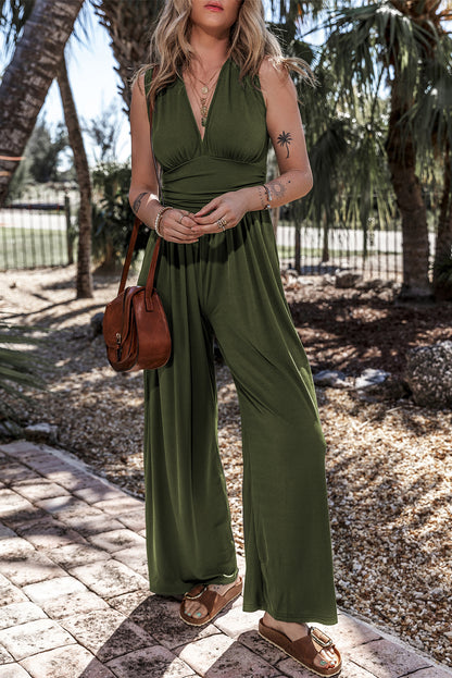 Sleeveless V Neck Ruched Wide Leg Jumpsuit | Moss Green