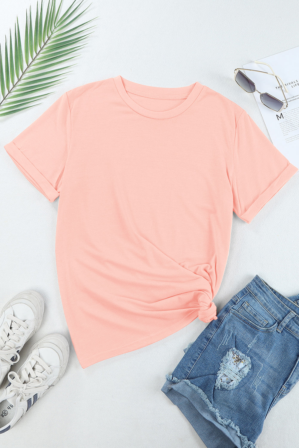 Casual Plain Crew Neck Tee | Pink