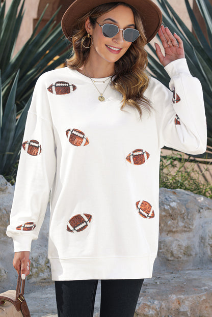 Sequin Rugby Football Patched Pattern Crewneck Game Day Sweatshirt | Beige