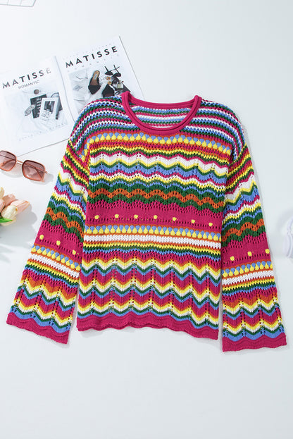 Colourblock Striped Hollowed Knit Loose Sleeve Sweater | Rose Red