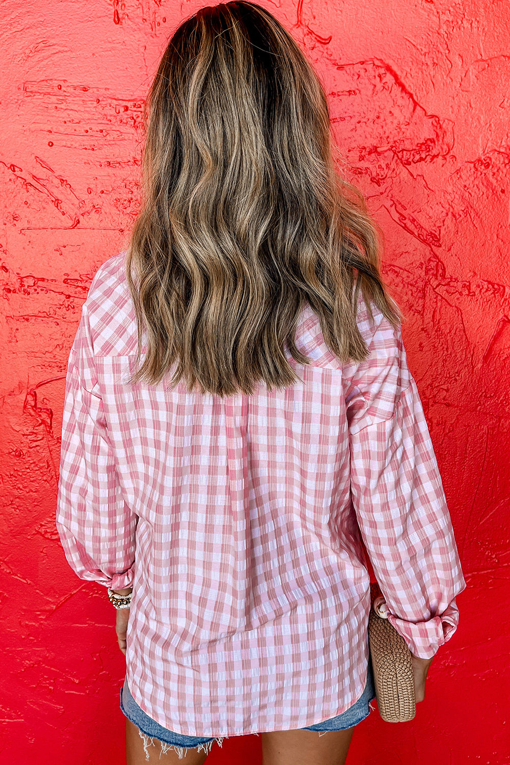 Gingham Print Chest Pockets Buttoned Collared Shirt | Pink