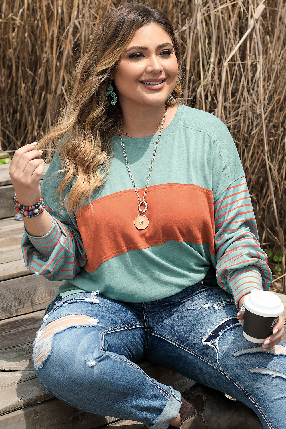 Green Plus Size Striped Long Sleeve Colourblock Tee With Slits | Grass Green