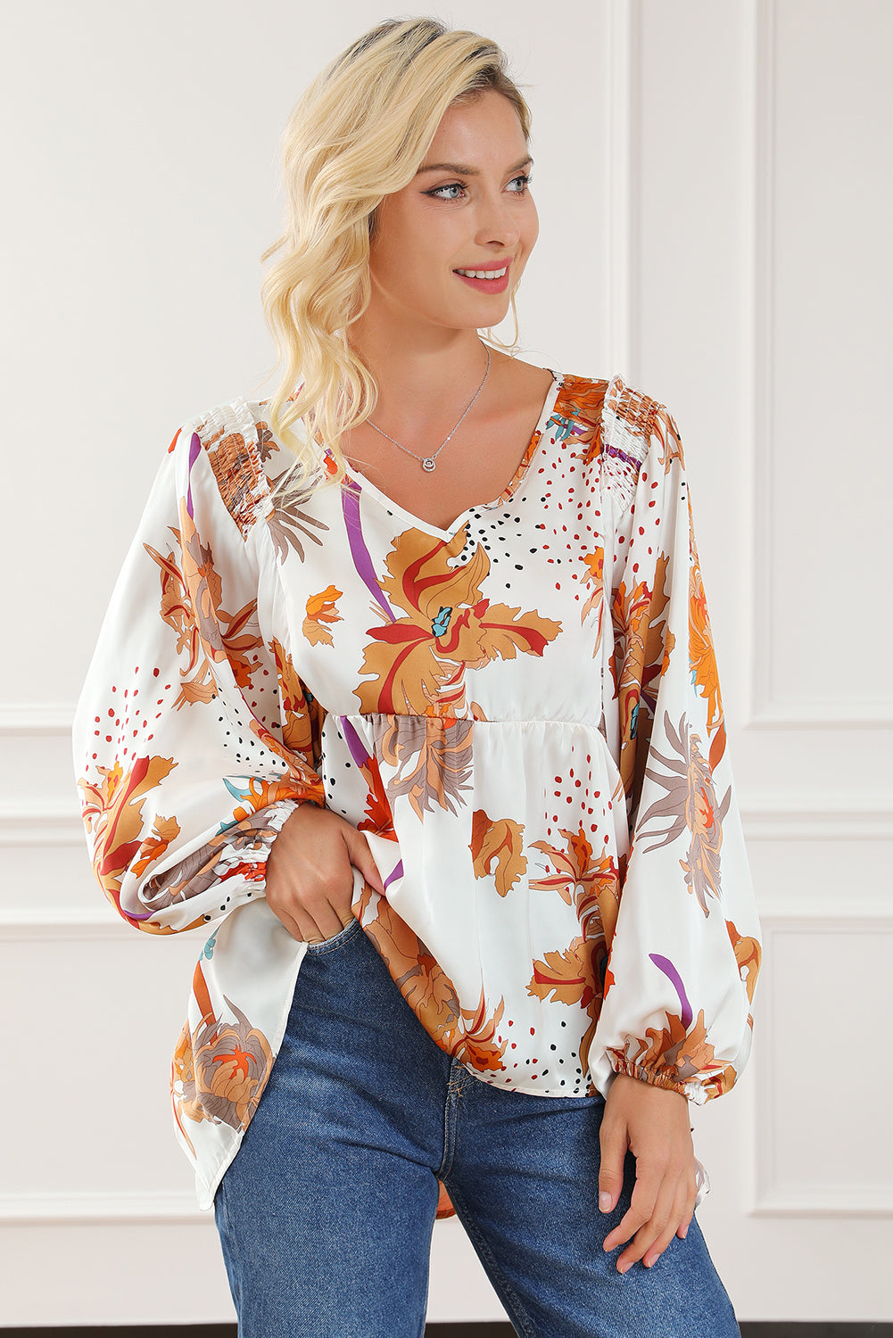 Floral Print V Neck Babydoll Blouse | Multicolour