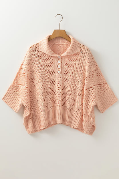 Hollowed Knit 3/4 Dolman Sleeve Buttoned Collared Sweater | Apricot Pink