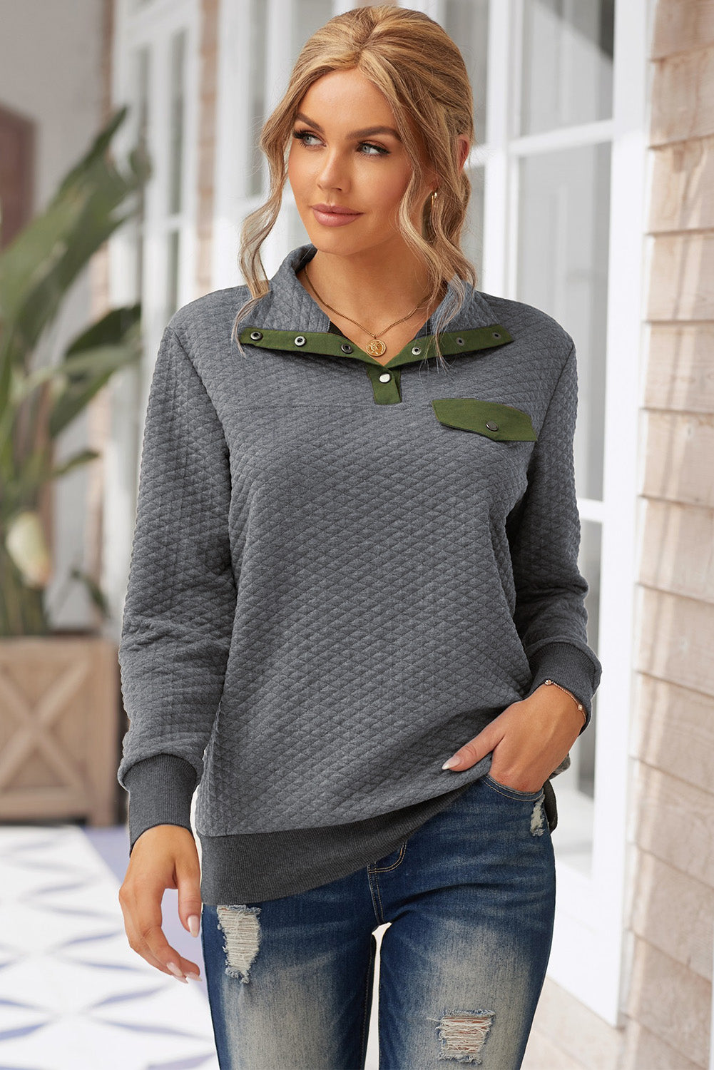 Dark  Quilted Snaps Stand Neck Sweatshirt With Fake Front Pocket | Gray