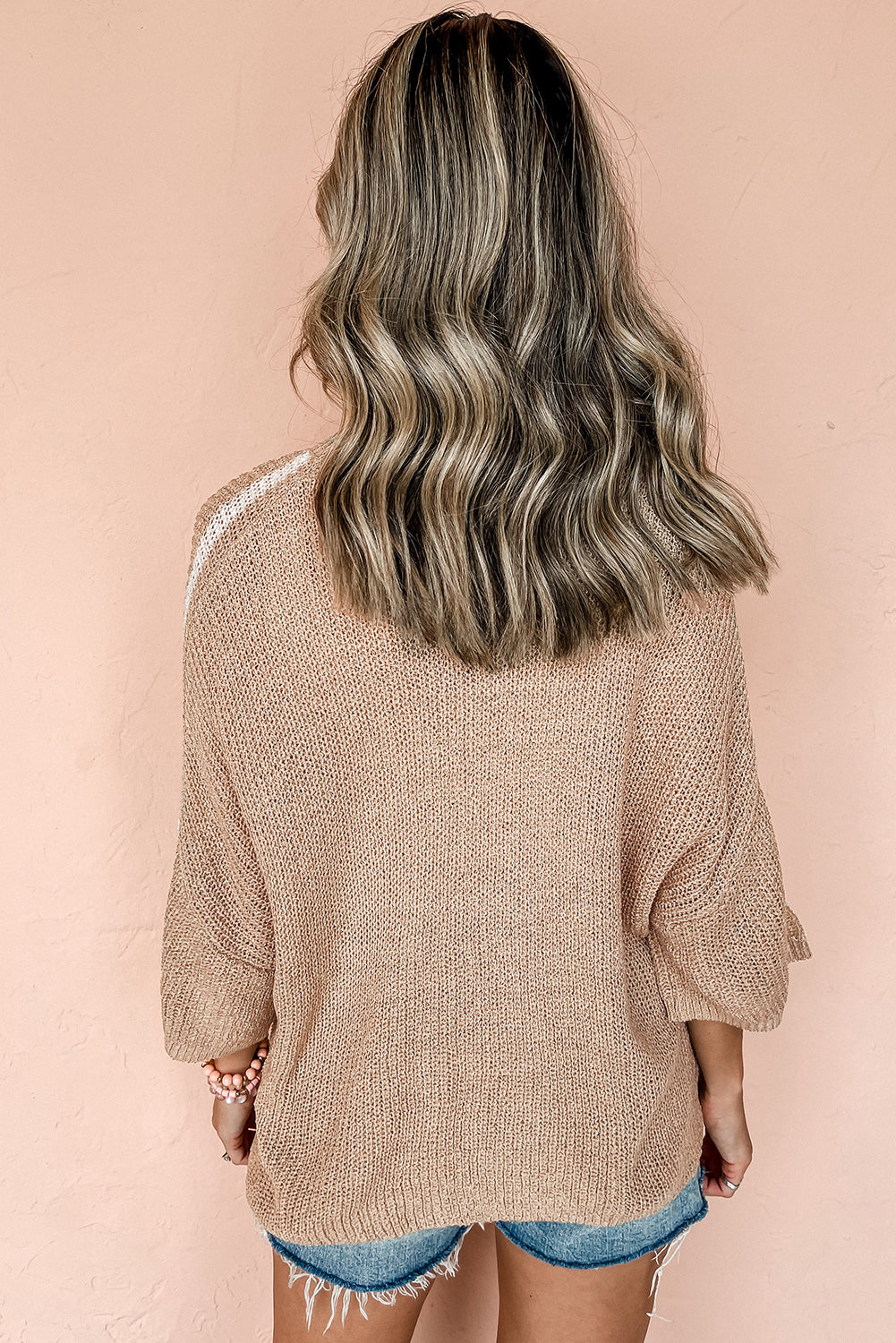 Contrast Striped 3/4 Sleeve Crew Neck Sweater | Light French Beige