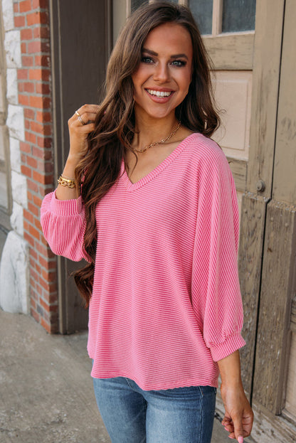 Striped Print Bracelet Sleeve V Neck Top | Strawberry Pink