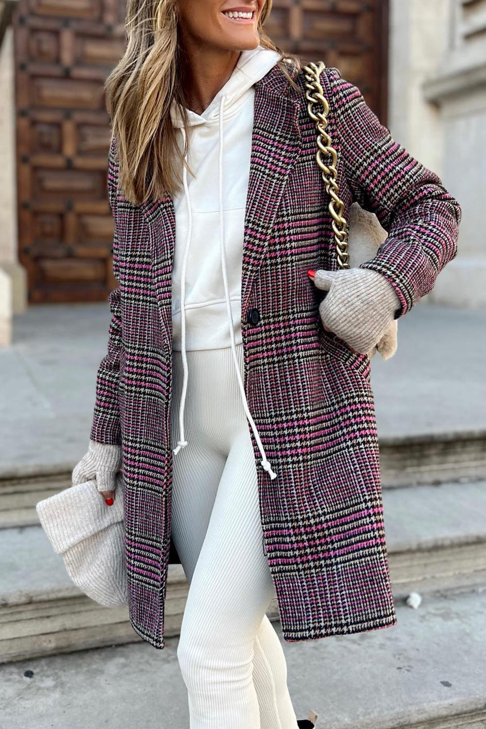 Plaid Lapel Collar One Button Midi Coat | Pink