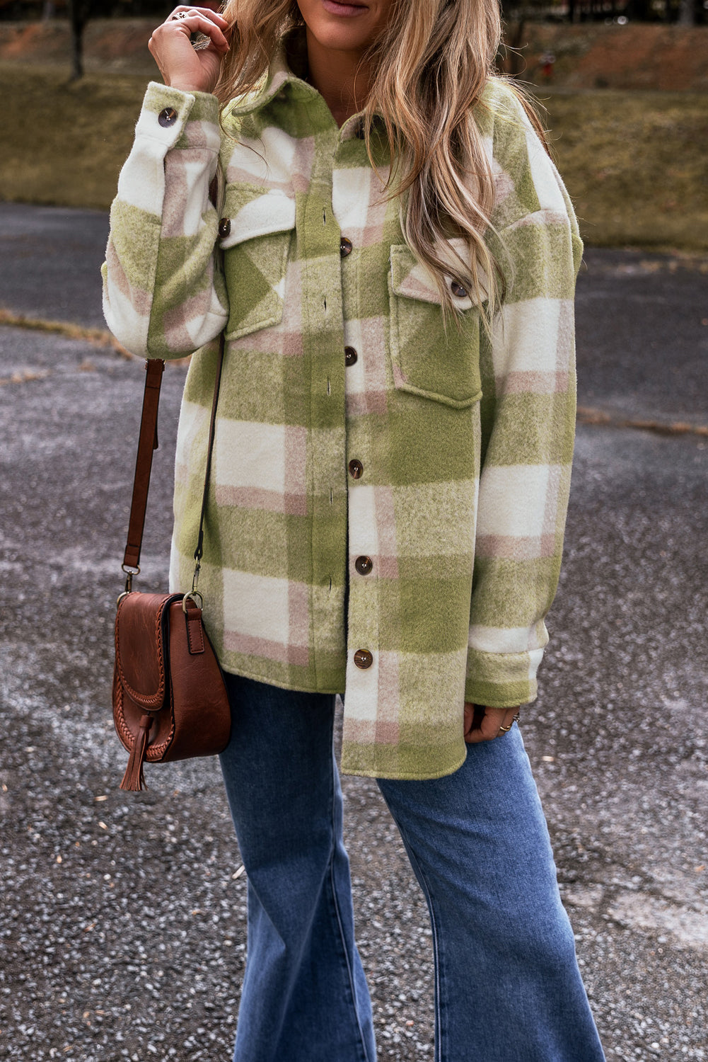 Plaid Print Buttoned Flap Pockets Baggy Shacket | Sage Green