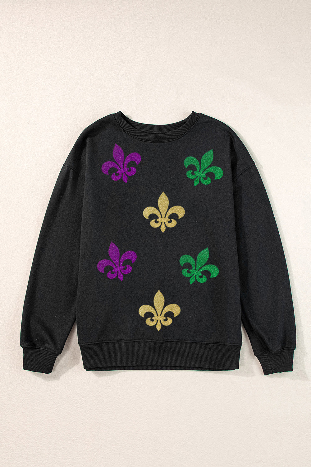 Mardi Gras Fleur De Lis Graphic Round Neck Pullover Sweatshirt | Black