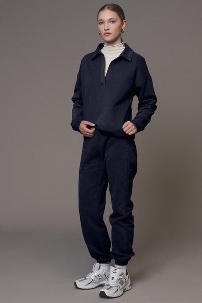 Fold Down Collar Pullover And Joggers Tracksuit | Navy Blue