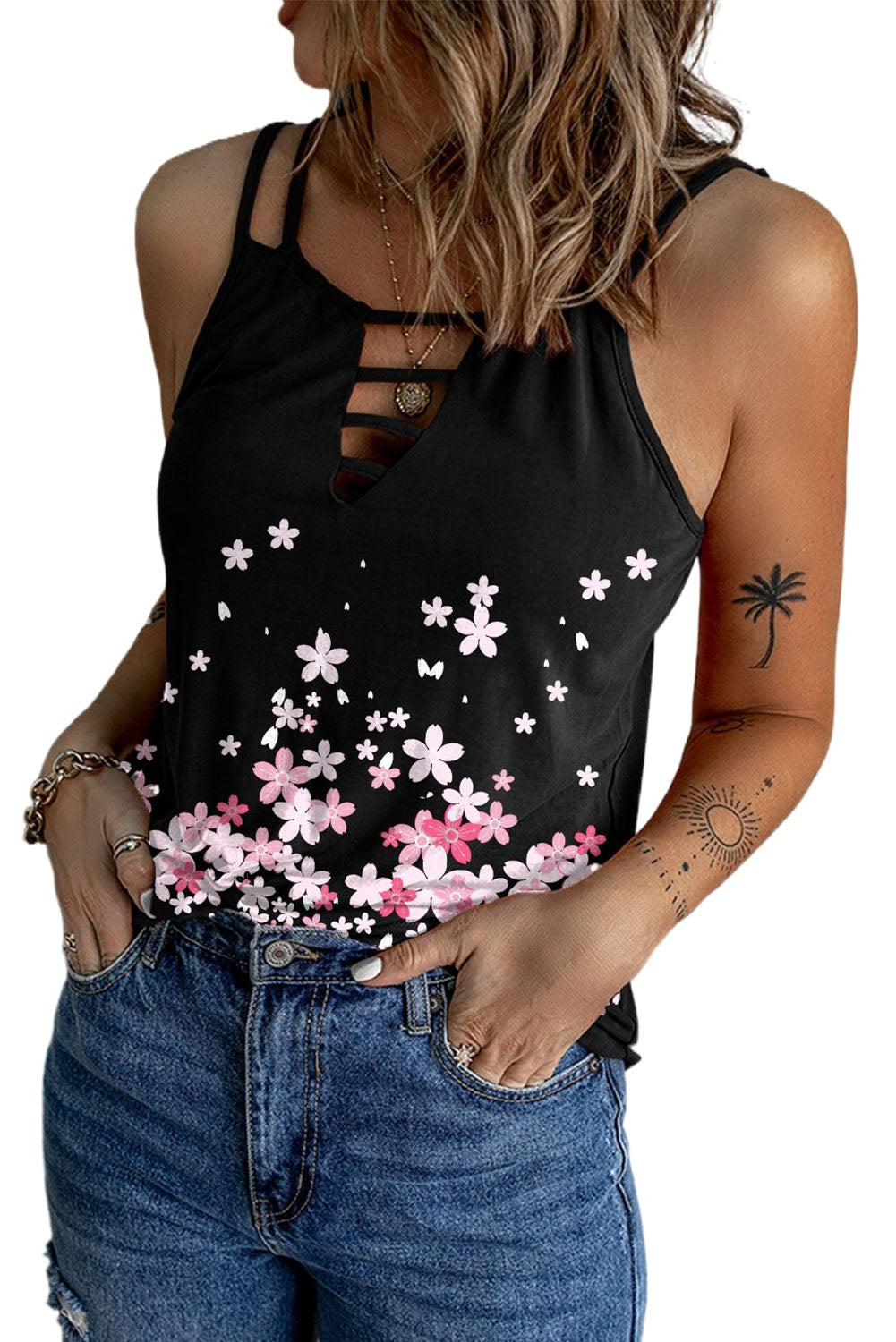 Floral Print Cut Out Spaghetti Strap Tank Top | Black