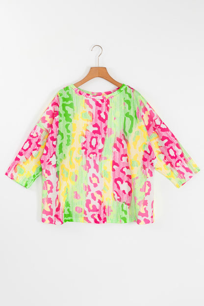 Leopard Colour Block Knitted Crewneck Plus Size T Shirt | Multicolour