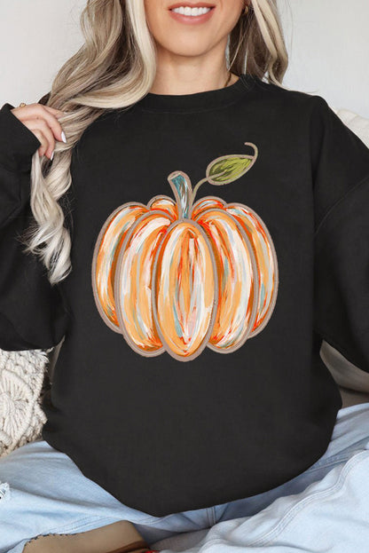 Thanksgiving Pumpkin Graphic Drop Shoulder Sweatshirt | Black