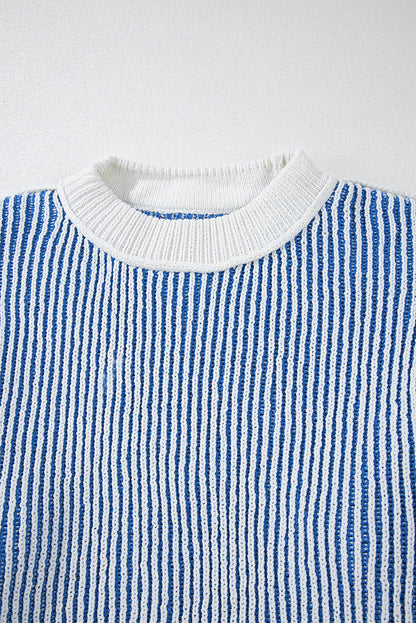 Striped Textured Knit Contrast Edge Loose Sweater | Dark Blue