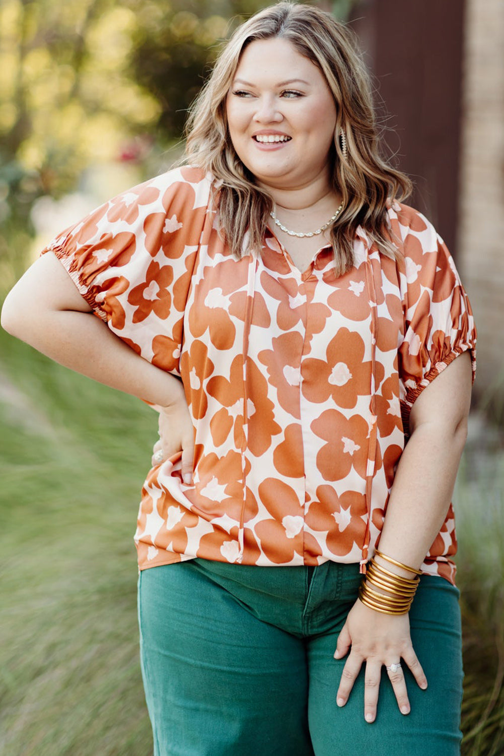 Plus Size Floral Print Drawstring V Neck Short Sleeve Blouse | Orange