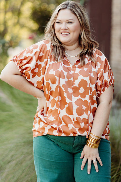 Plus Size Floral Print Drawstring V Neck Short Sleeve Blouse | Orange