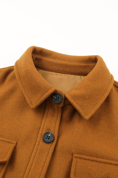 Long Sleeve Pockets Buttoned Shirt Jacket | Brown