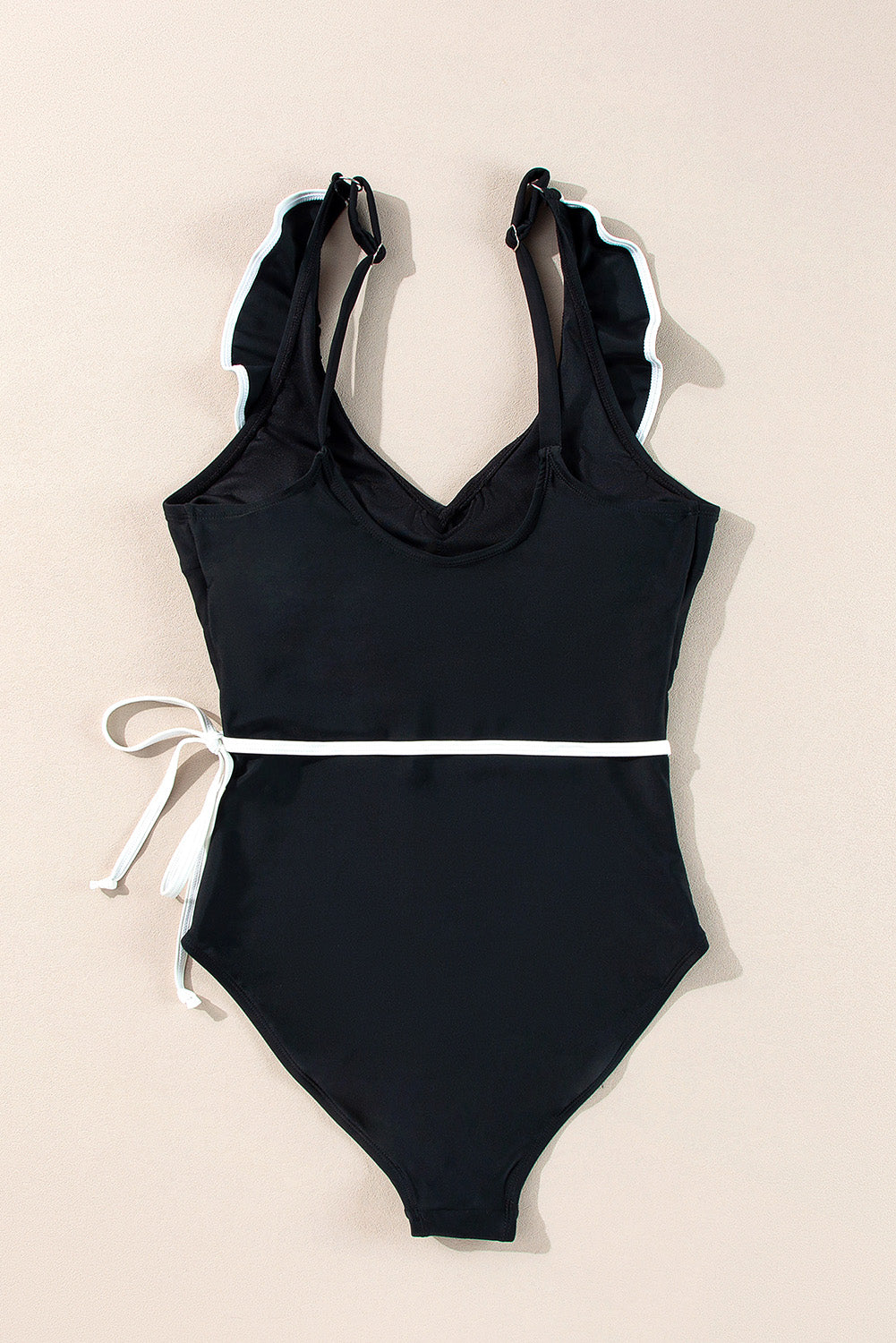 Colour Contrast Ruffled Wrap V Neck Swimsuit | Black