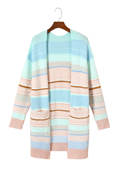 Striped Printed Knitted Open Front Cardigan | Multicolour