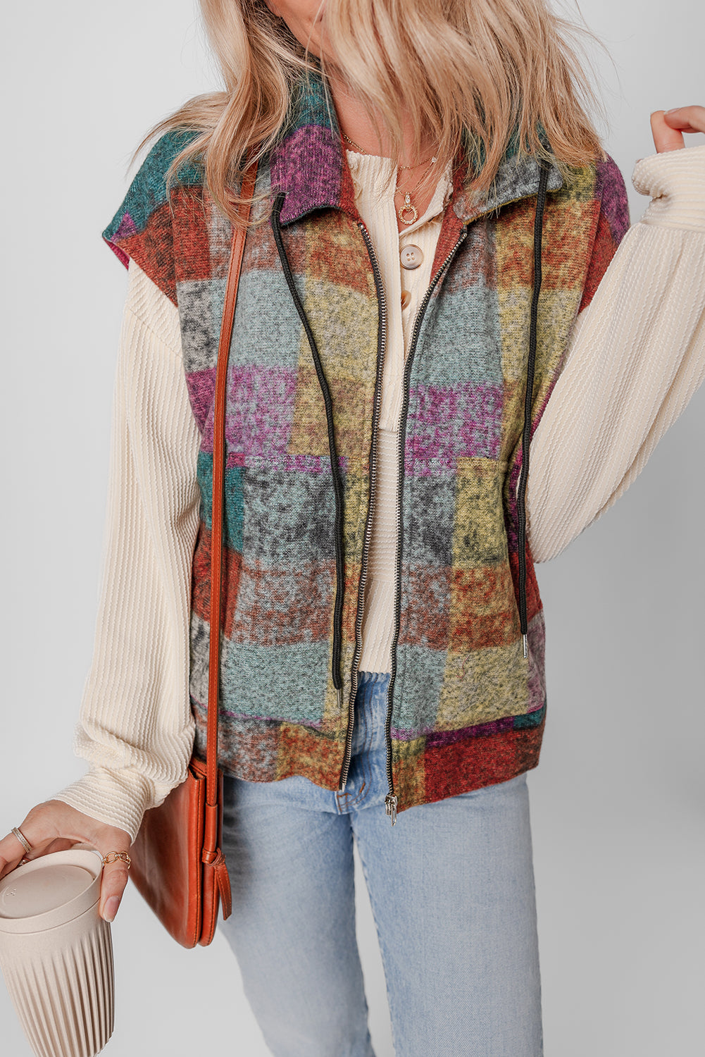 Plaid Print Side Pockets Zipped Loose Vest | Multicolour