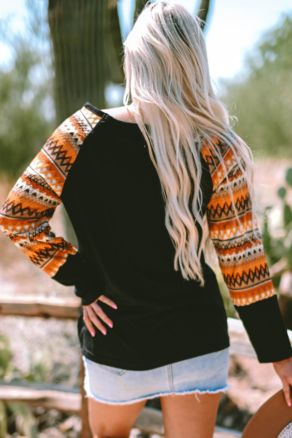 Geo Print Raglan Patchwork Long Sleeve Tee | Orange