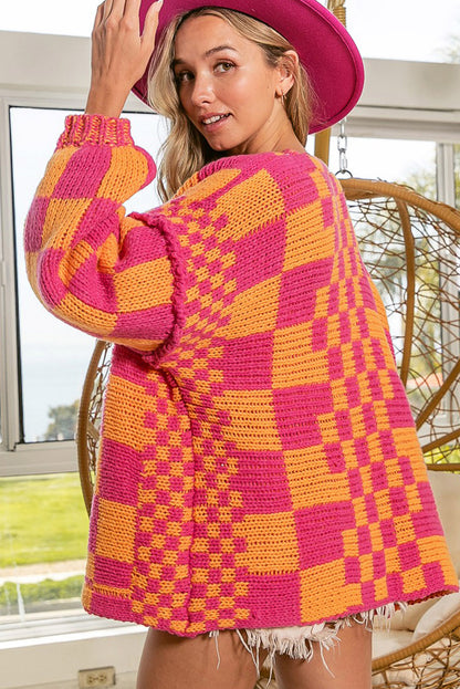 Open Front Mixed Checkered Pattern Knit Cardigan | Multicolour