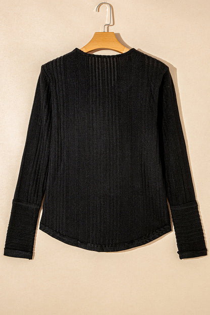 V Neck Buttoned Ribbed Knit Top | Black