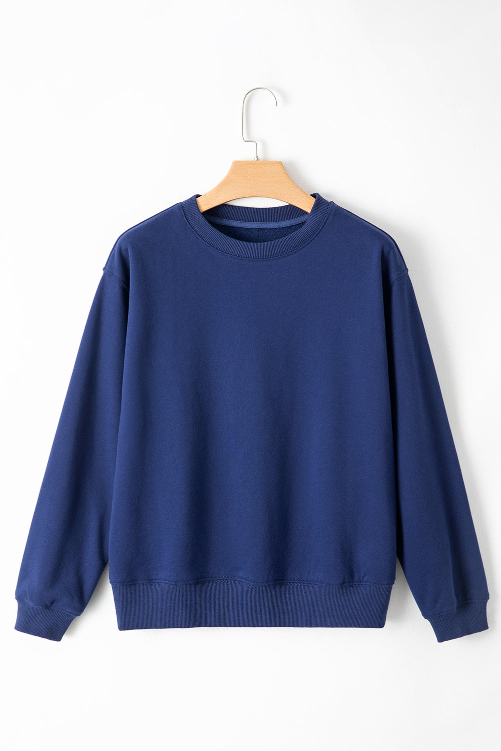 Solid Fleece Lined Drop Shoulder Terry Sweatshirt | Navy Blue