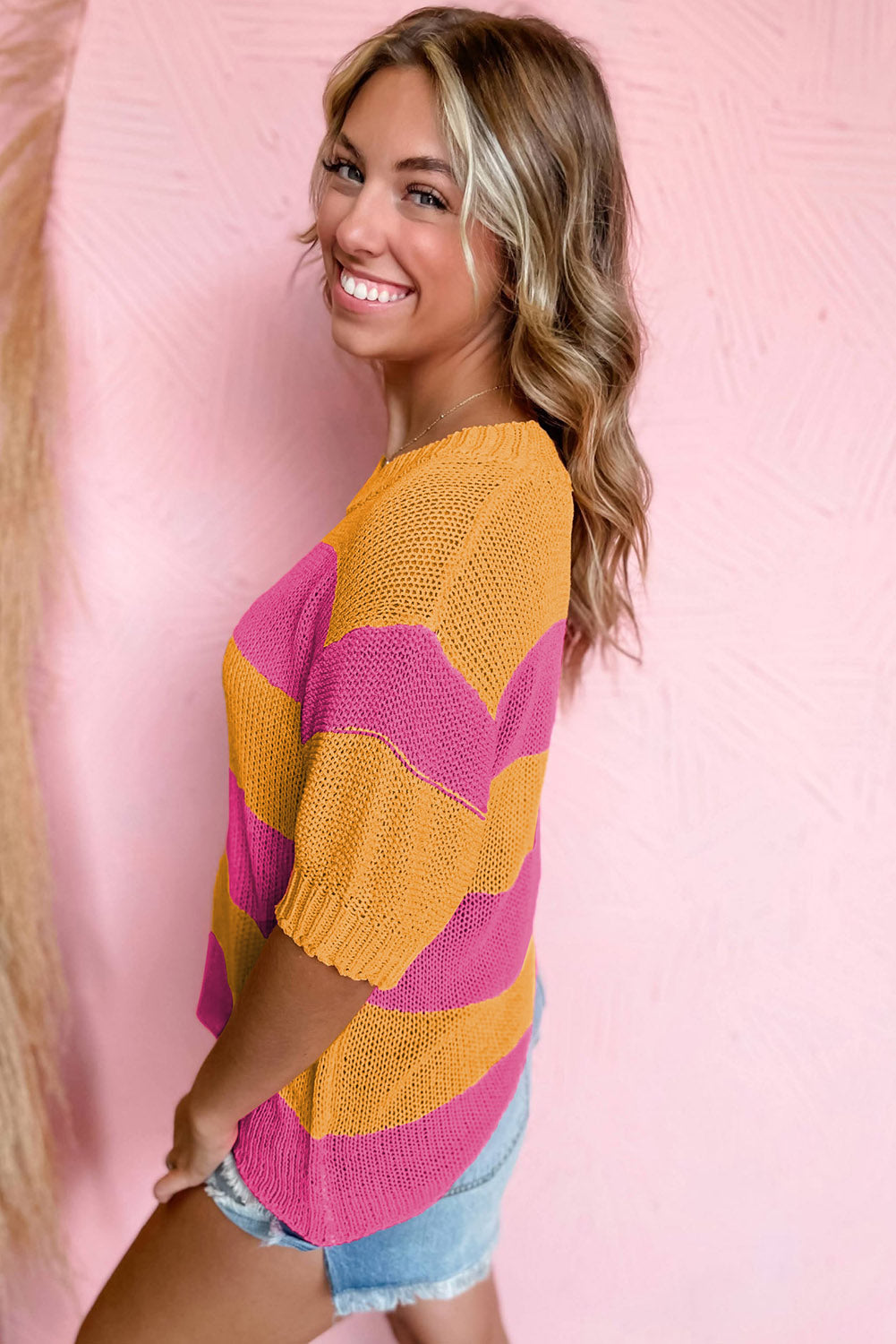 Colour Block Knitted T-Shirt Sweater | Orange Stripe