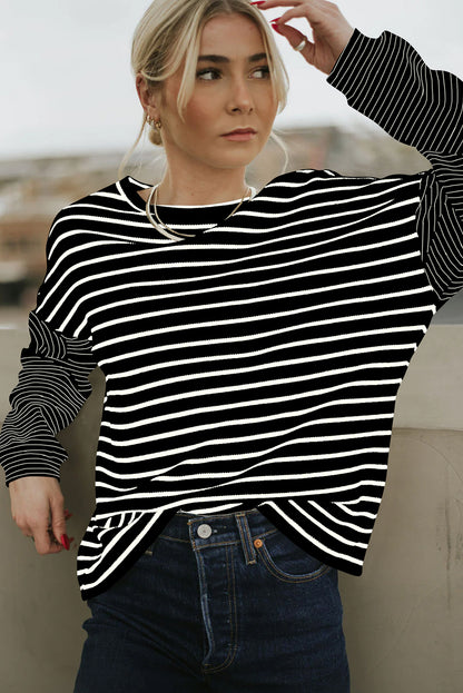 Patchwork Loose Long Sleeve Tee | Black Stripe