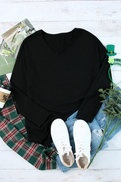 Solid Colour V Neck Long Sleeve Knit Top | Black