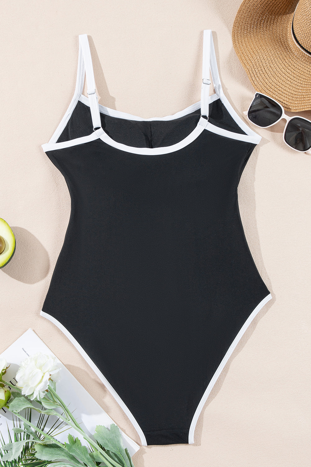 Contrast Trim Two Tone Belted One Piece Swimsuit | Black