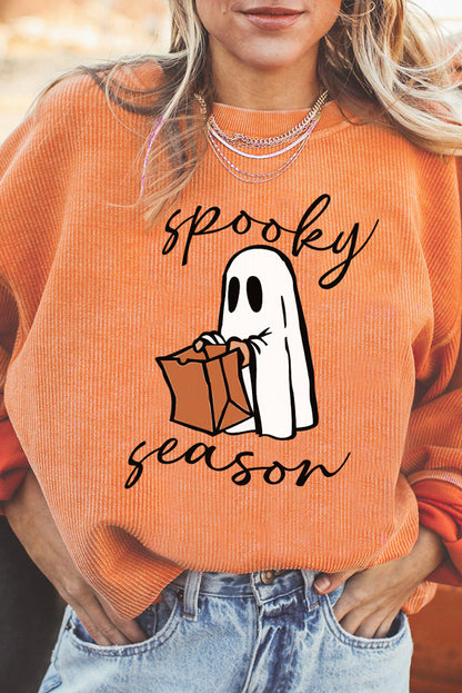 Orange Spooky Season Ghost Print Ribbed Pullover Sweatshirt