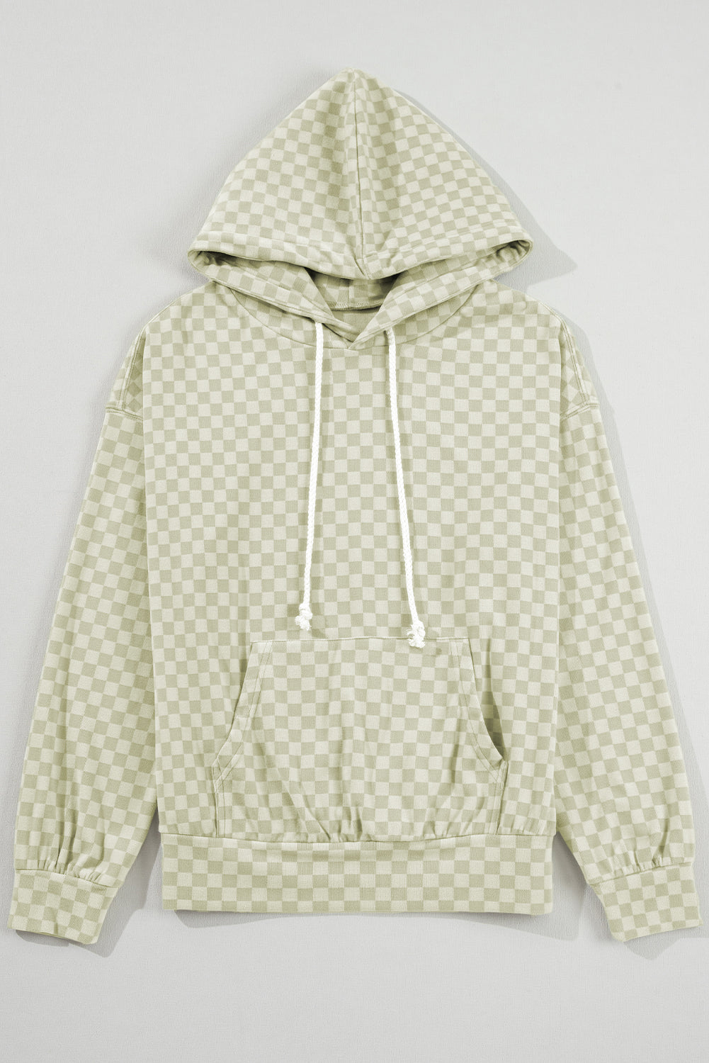 Checkered Print Kangaroo Pocket Drawstring Hoodie | Green