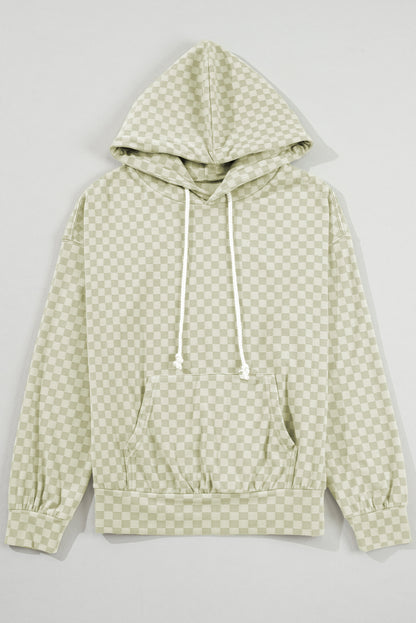 Checkered Print Kangaroo Pocket Drawstring Hoodie | Green